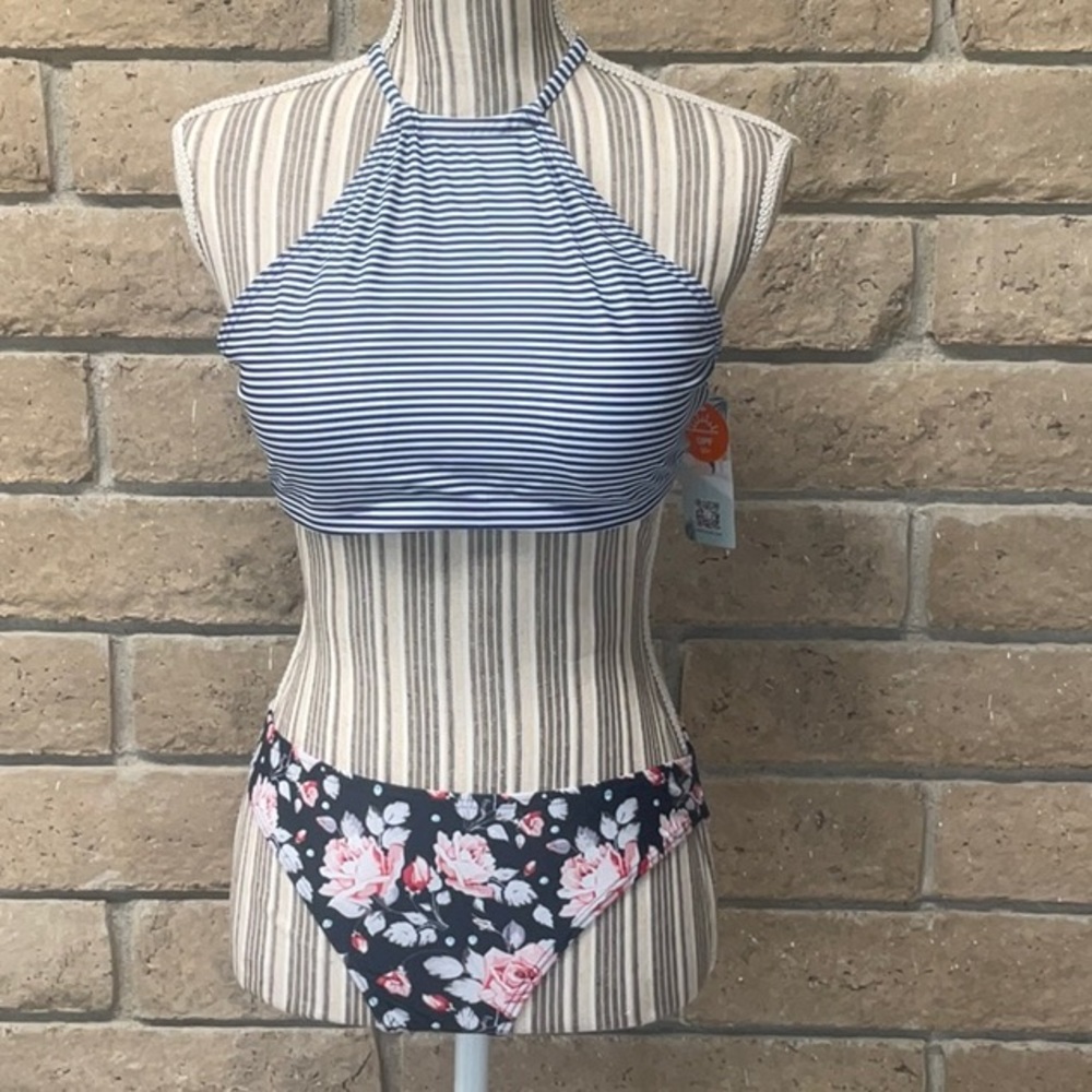 Women’s Floral Striped halter high neck bikini swimsuit